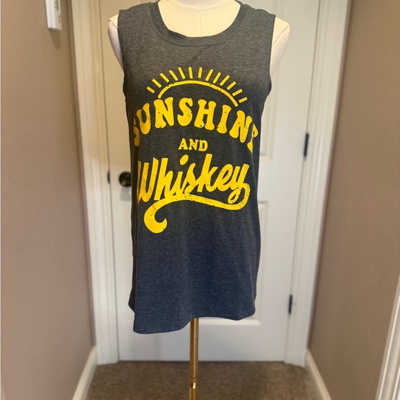 Tops - Gray Tank Top with Yellow Sunshine and Whiskey Print